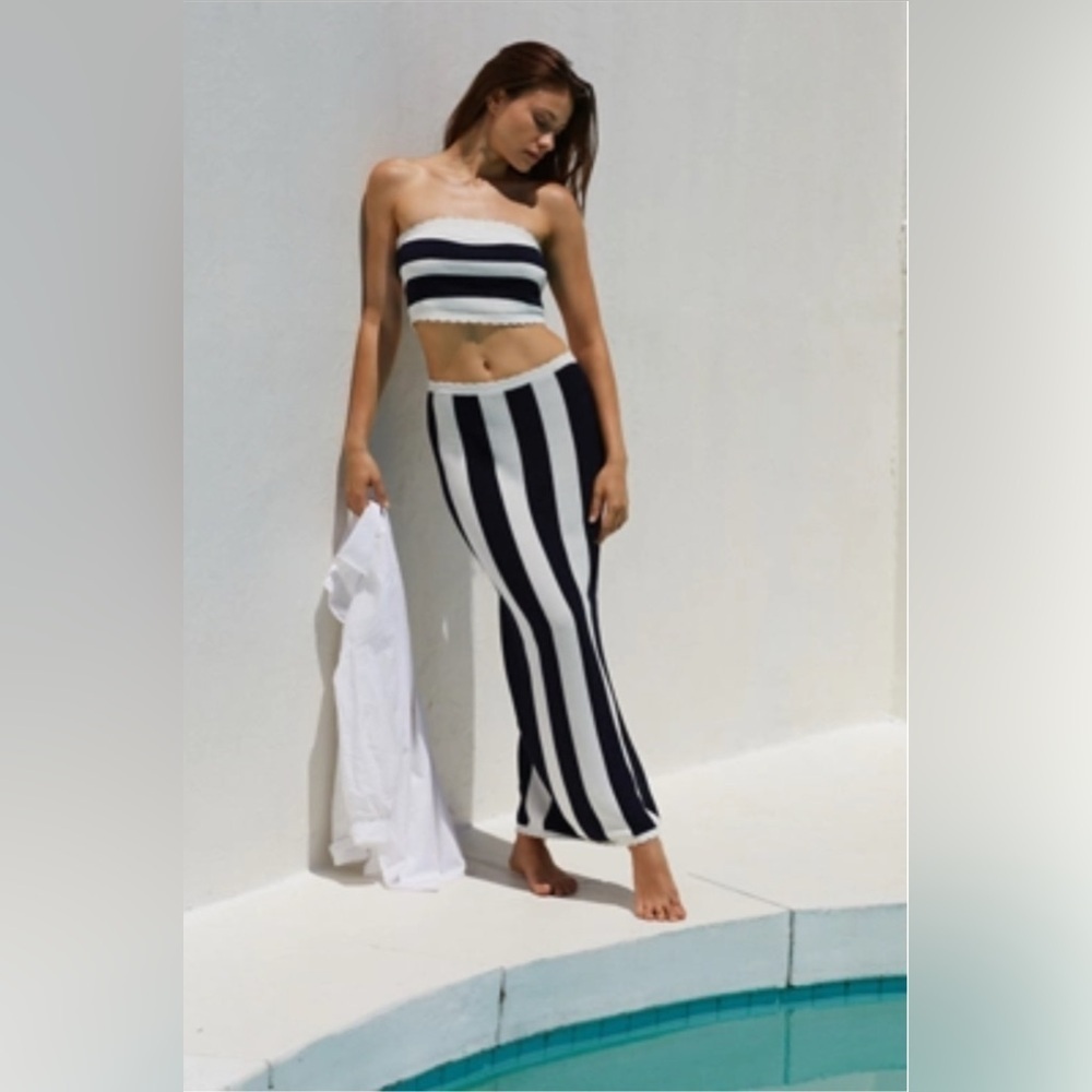 Anthropologie new Midi knit Skirt Set XL black white Striped Bandeau Top resort